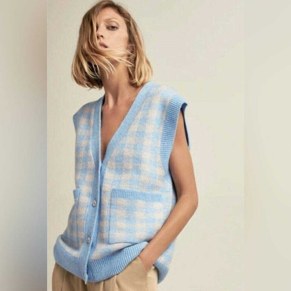 Zara Cardigan Vest Gingham Blue Cream V-Neck Crystal Glass Sweater S Small